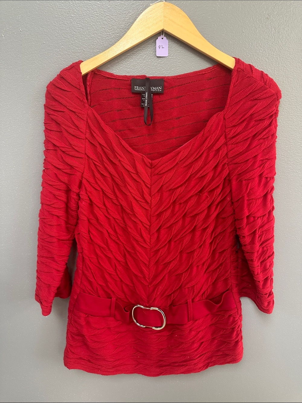 Frank Lyman Design Bold Red V‑Neck Textured Knit Sweater with Belt